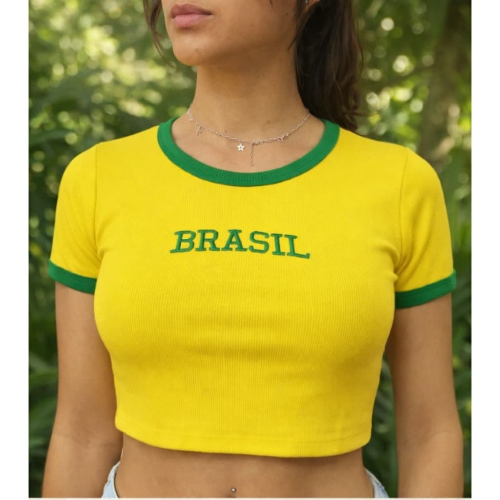 Cropped Brasil manga curta - Ribana sem bojo Verde / Amarelo / Azul Feminina Copa