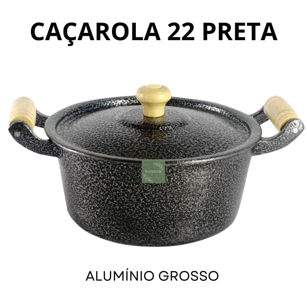 Panela Caçarola Preta nº 22  Tamanho Médio Alumínio Grosso Batido Fundido Craqueada 2,9L com Tampa