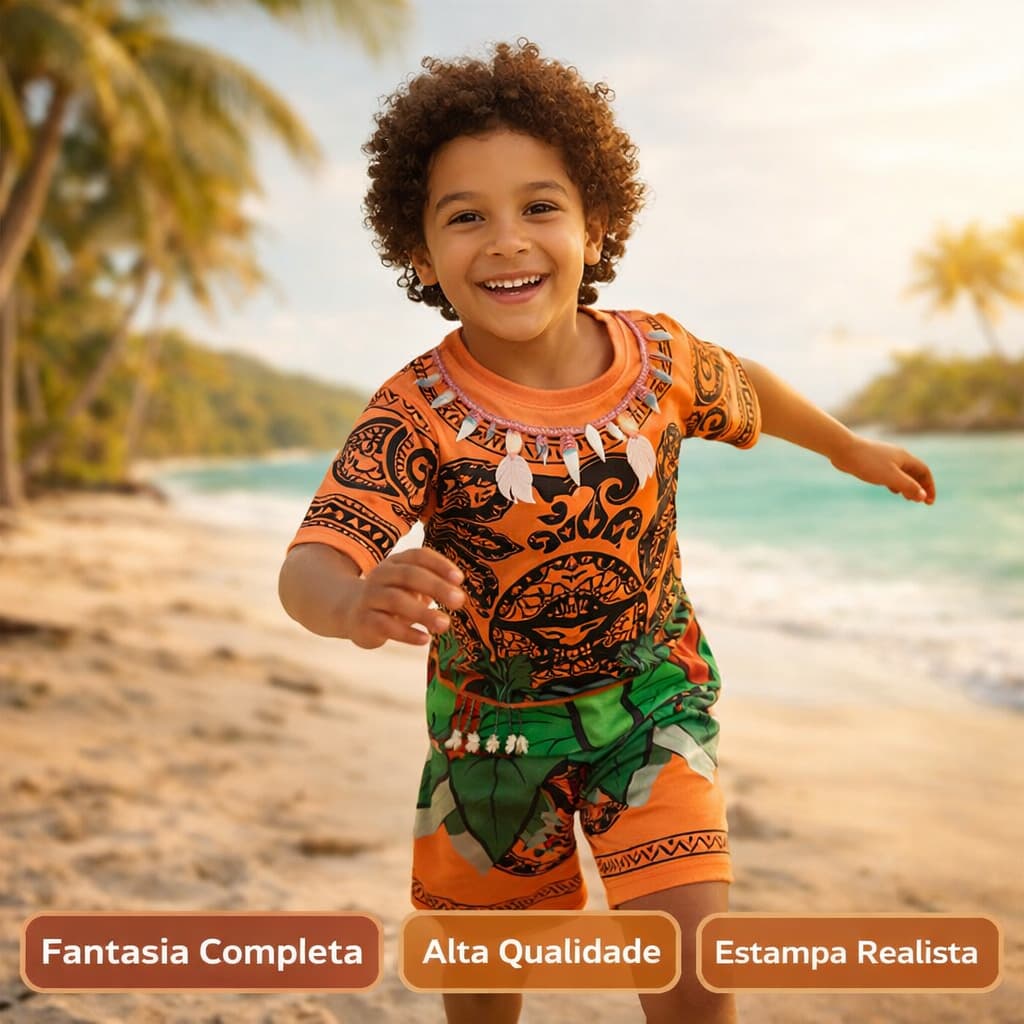 Fantasia Infantil Maui 2 Peças Camiseta + Shorts Estampa Realista Confortável Pronta Entrega