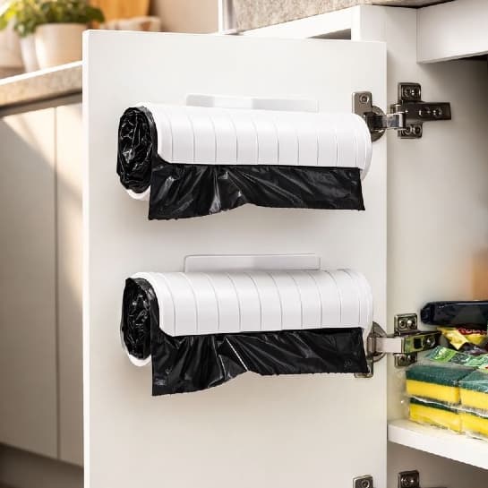 Suporte para Saco de Lixo de Armário | Organizador de Cozinha e Lavanderia | Porta Rolo Fixação Fácil
