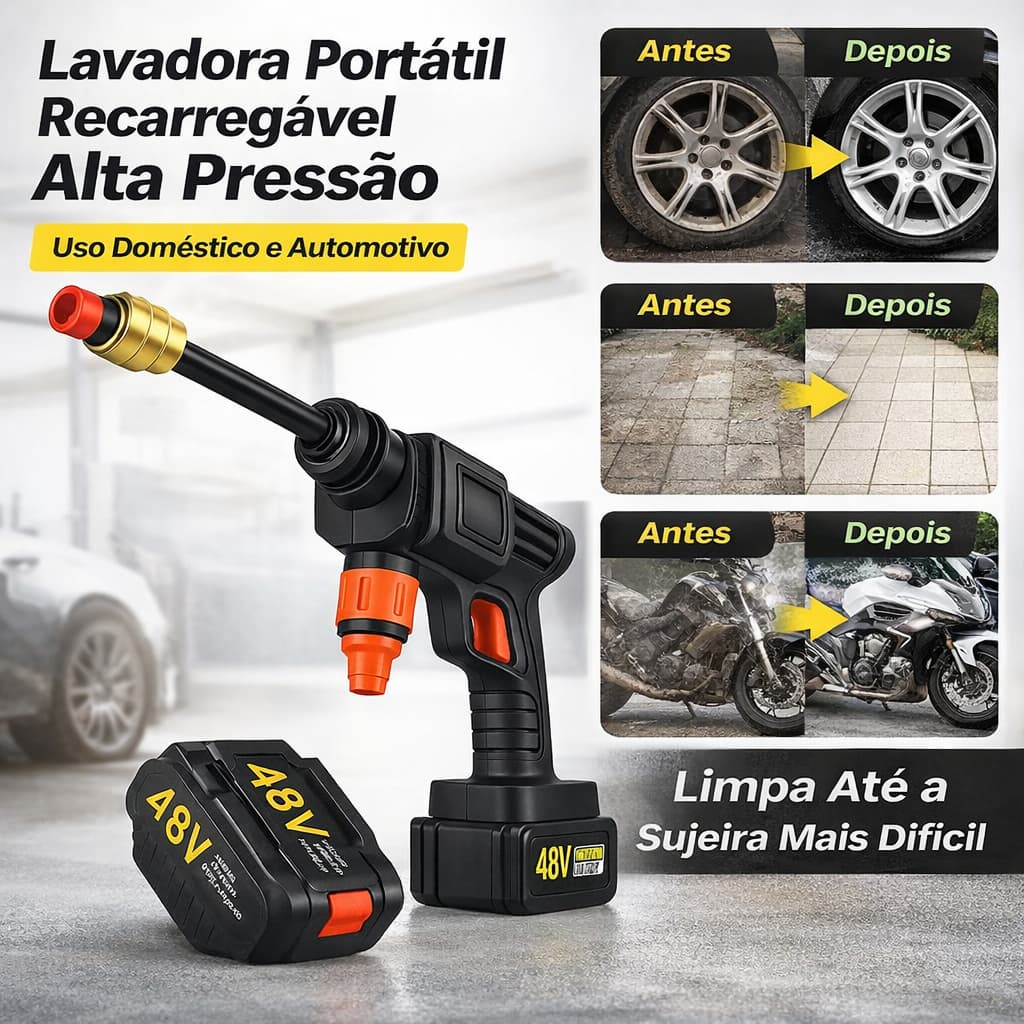 Lavadora de Alta Pressão Portátil Recarregável | Pistola Lava Jato para Carros e Casa