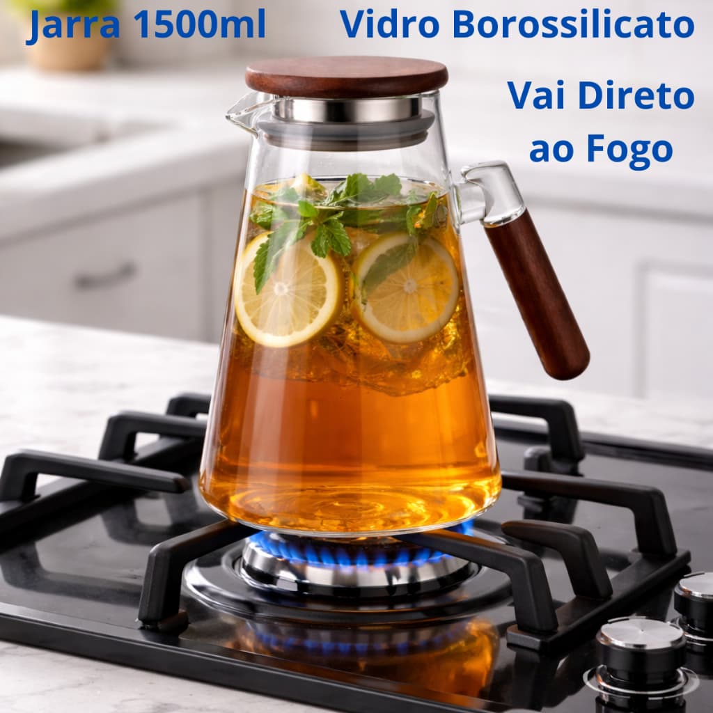 Jarra de Vidro Borossilicato 1,5L com Cabo e Tampa de Madeira