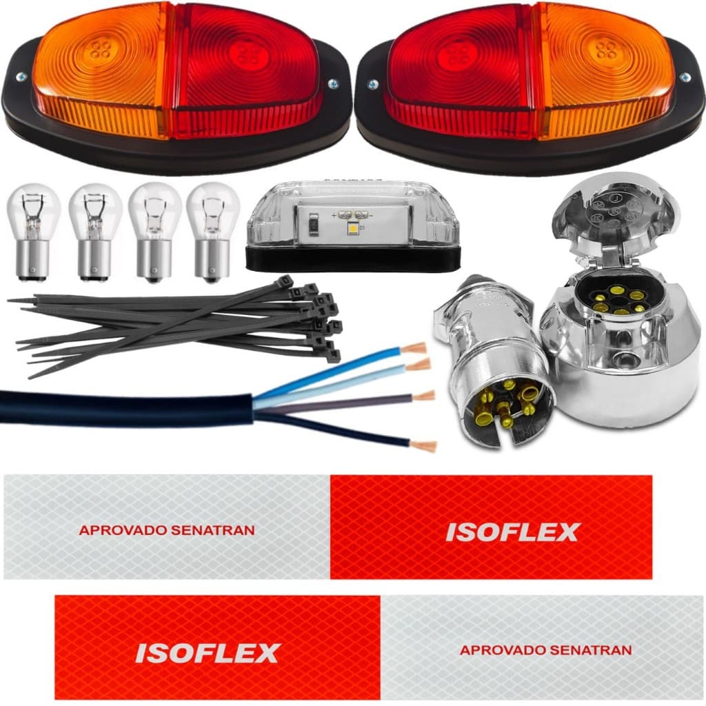 Kit Instalação Elétrica Lanterna Carretinha Com Tomada Cromada e Cabo 4 Metros