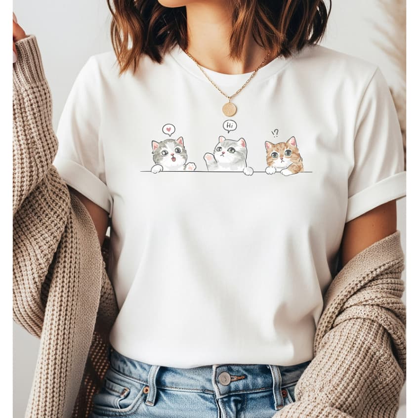 Camiseta Feminina Algodão 100% Premium T-Shirt Confortável Casual Dia a Dia Fresca Gatinhos