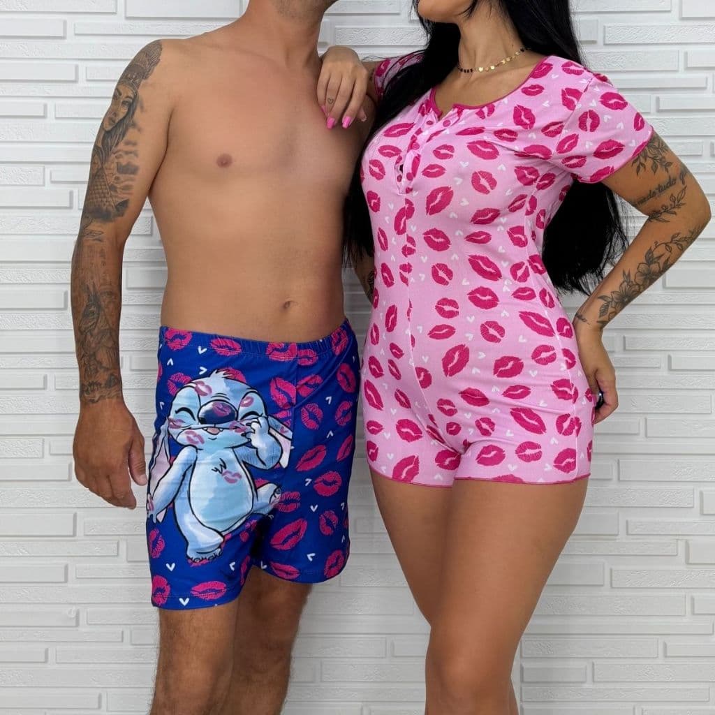 Kit Casal Pijama Stitch Namorados - Cueca Samba Canção Masculina e Macaquinho Feminino Curto Romântico Personagens