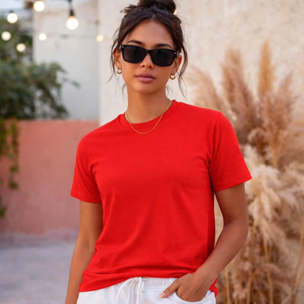 Blusa Feminina Slim Algodão Lisa Premium Gola Redonda Casual Confortável Estilo Streetwear Vermelho