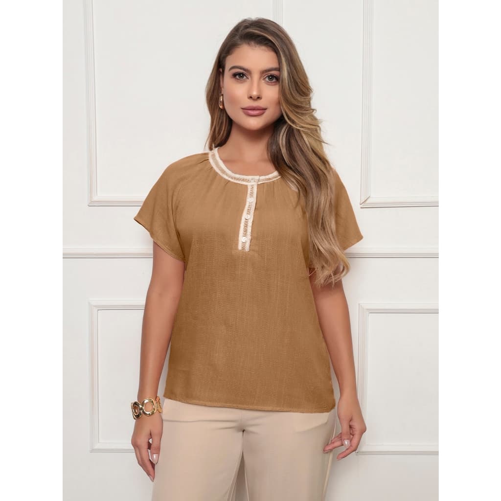 ALETHEIA - BLUSA FEMININA ELEGANTE ALGODÃO COM LINHO LEVE E CONFORTÁVEL MANGA CURTA CASUAL SOCIAL
