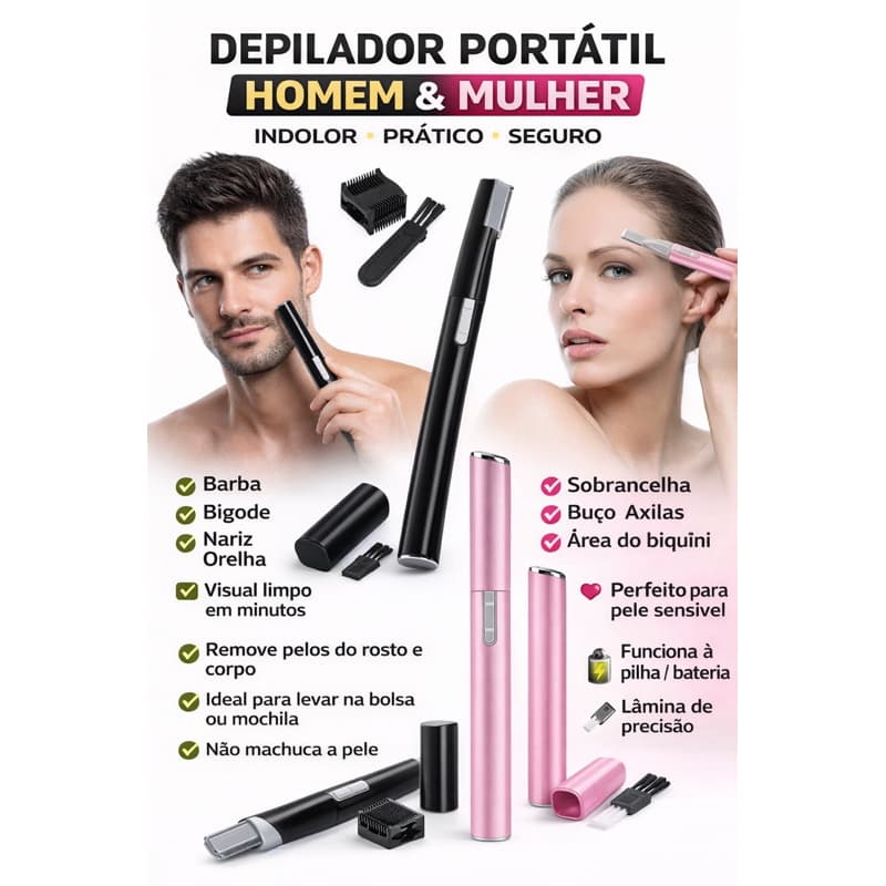 Depilador Portátil Elétrico 2 em 1 Unissex – Indolor, Recarregável, Aparador Facial e Corporal para Homem e Mulher