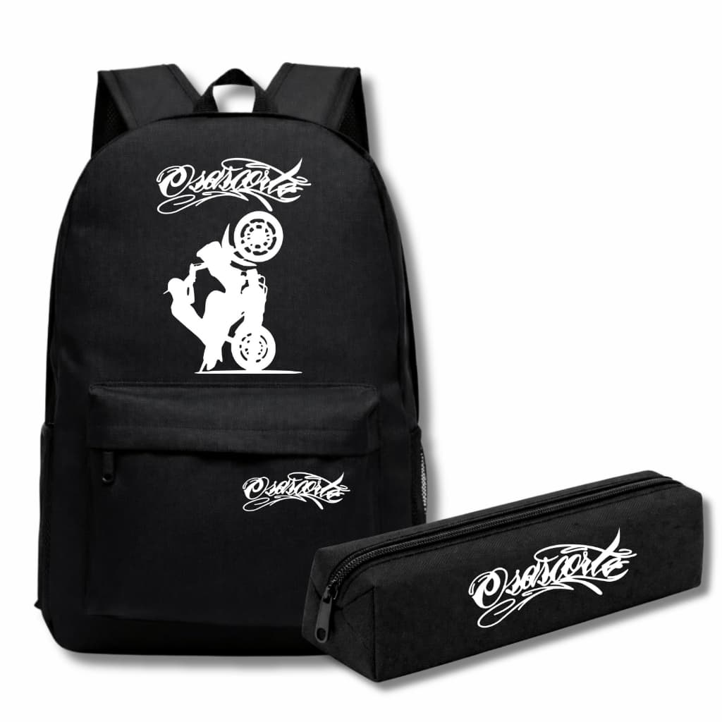 Kit Mochila e Estojo Estampado Osascorte 244 Motoqueiro Empinado Grau Escola Moto