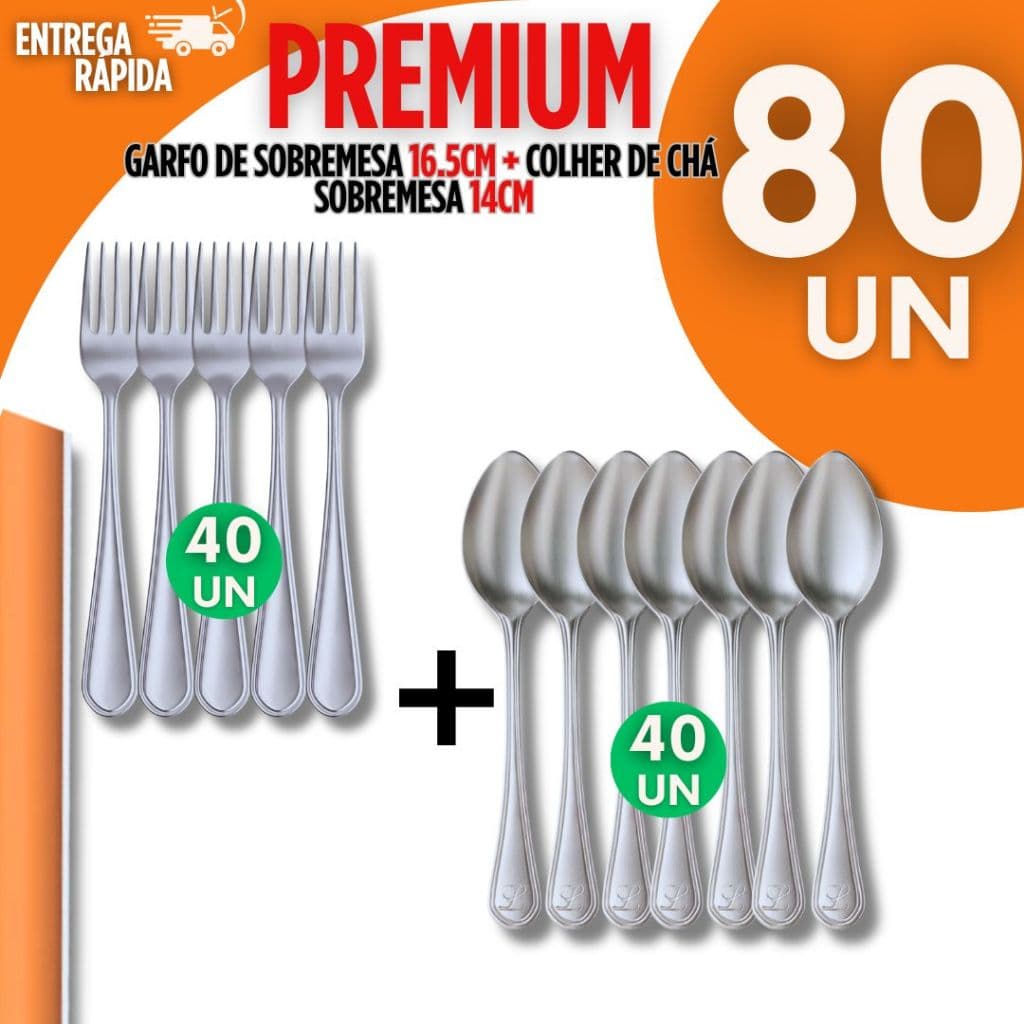 Kit 80 - 40 Colher De Chá Sobremesa 40 Garfo de Sobremesa 100% Aço Inox Ideal Restaurantes e Buffet