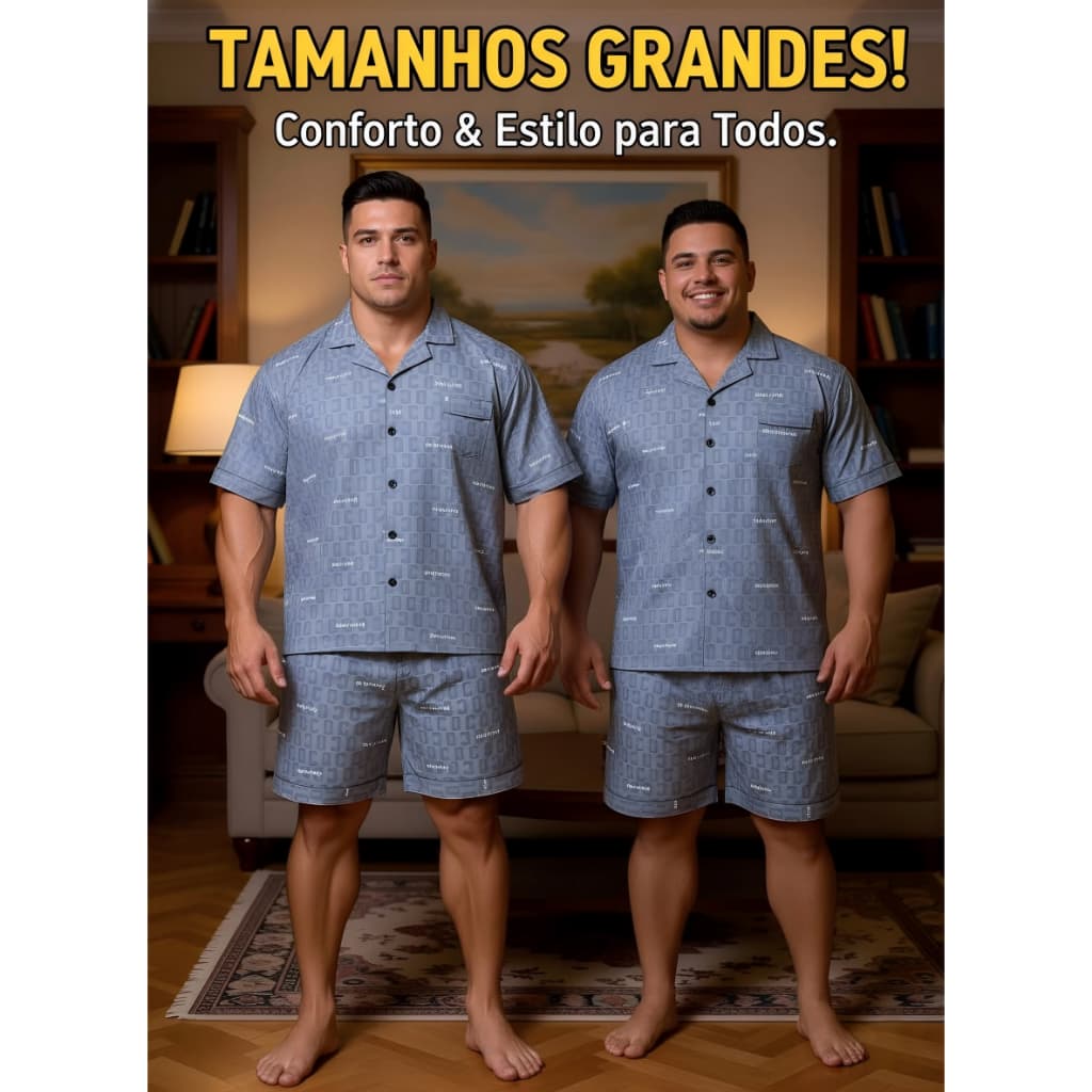 Conjunto de pijama curto masculino premium para o verão, com botões, estampa luxuosa e muito confortável.