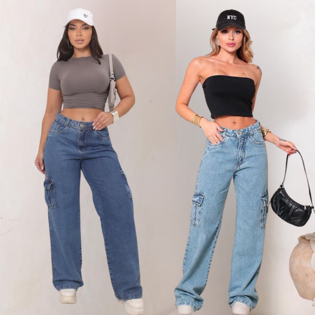 Kit 2 Calças Jeans Wide leg Cargo Feminina Cintura Alta ( Clara + Escura ) - Promoção