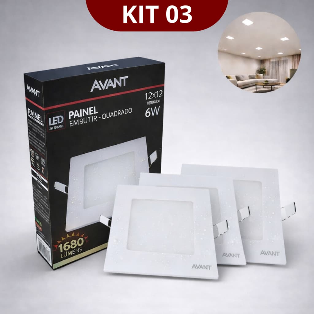 Kit 3 Painel Led Comfort 6W 12x12 Embutir Bivolt Baixo Consumo Branco Neutro 4000K