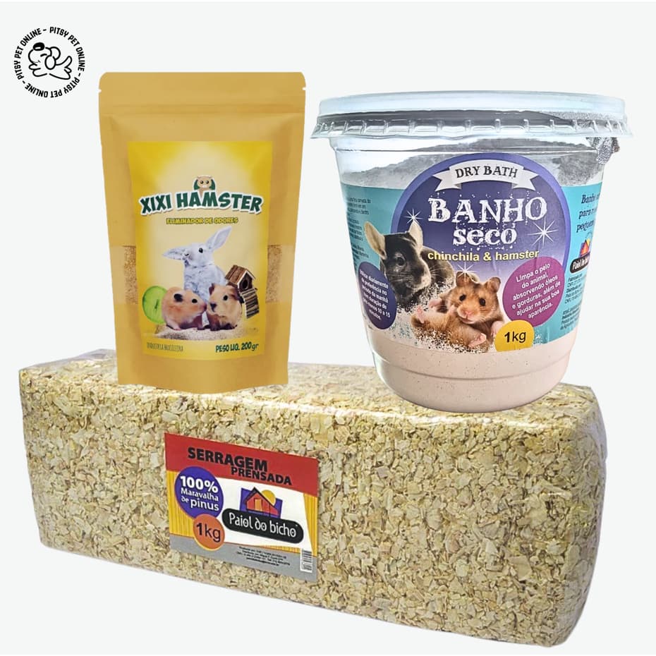 Kit Hamster - Serragem para hamster 1kg + Banho a seco em pó para hamster 1kg+Xixi Hamster - Paiol dos Bichos