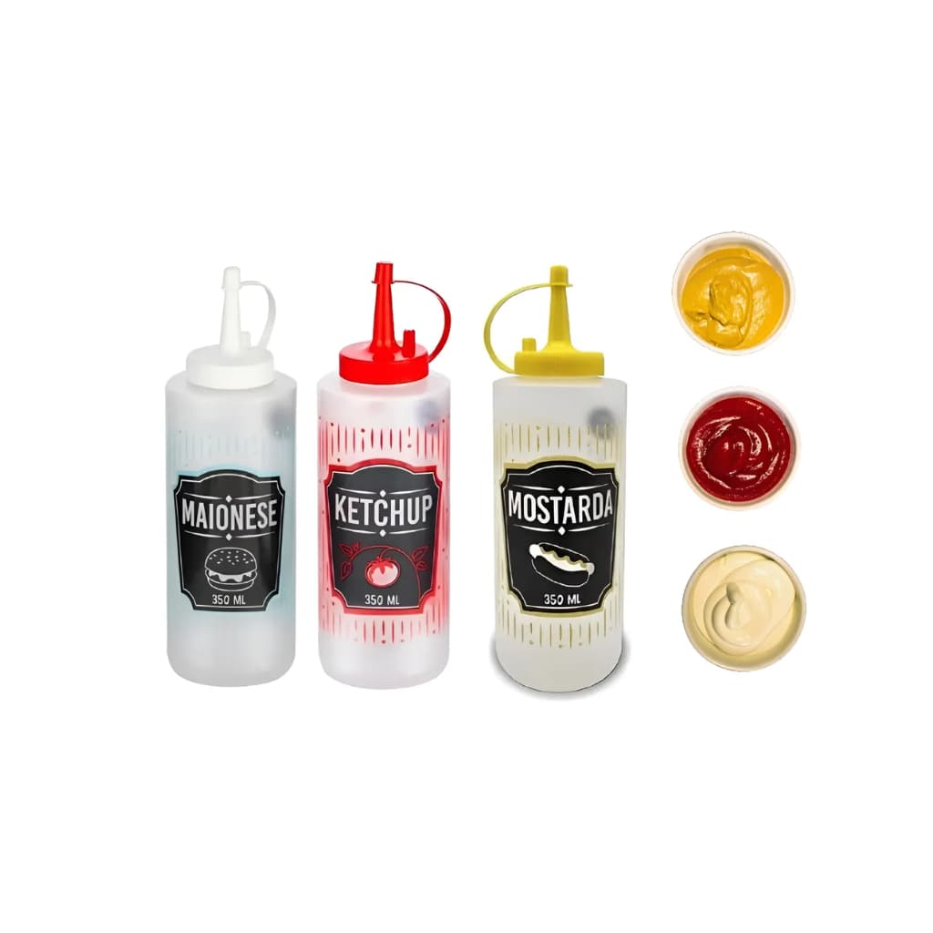 Kit Com 3 Bisnagas Plásticas Decoradas 350ml Para Molhos Ketchup Mostarda Maionese
