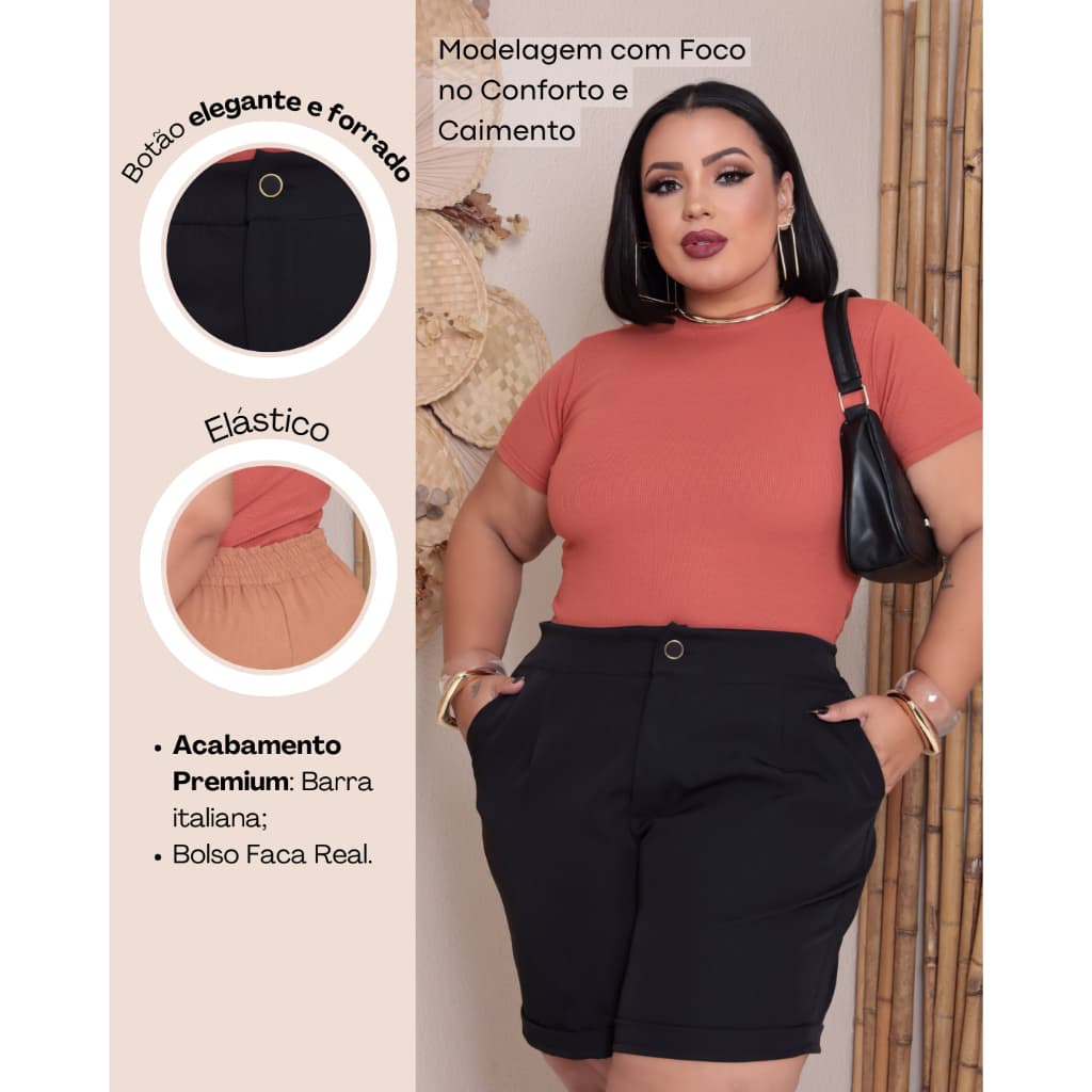 Bermuda Shorts Alfaiataria Feminina Plus size Cintura Alta Social com Zíper, bolsos e Elástico na Cintura GG G1 G2 Verão