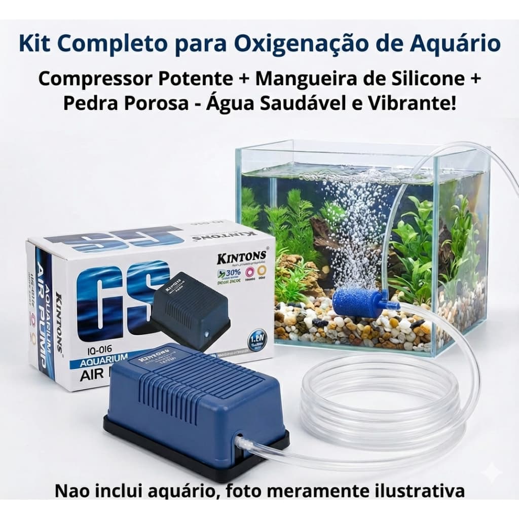 COMPRESSOR DE AR  PARA AQUÁRIO completo COM MANGUEIRA E PEDRA POROSA 3L/M -BIVOLT
