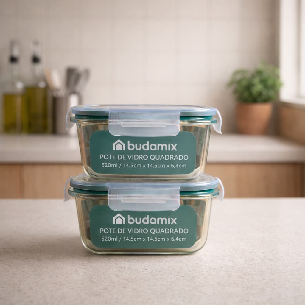 Conjunto 2 Potes Vidro 520ml Quadrado Hermético Marmita 4 Travas BPA Free