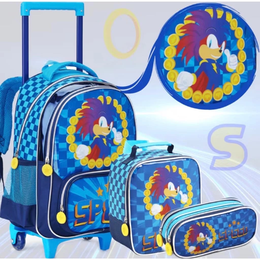 Kit Mochila De Rodinhas Escolar Infantil Sonic Speed Tam Grande