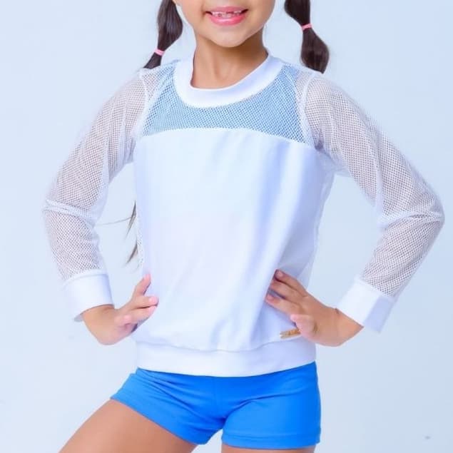 Bomber Fitness Infantil Branco detalhe em tela Premium poliamida 4 a 12 anos, ginástica, vôlei, dança.