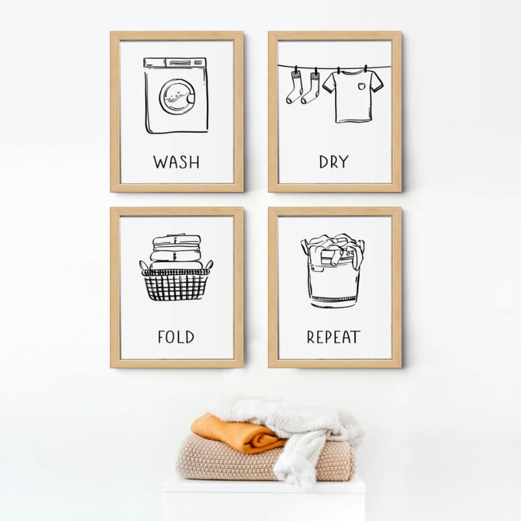 Quadro de Parede Decorativo Lavanderia com Moldura e Vidro Maquina de Lavar Varal Cesto de Roupa