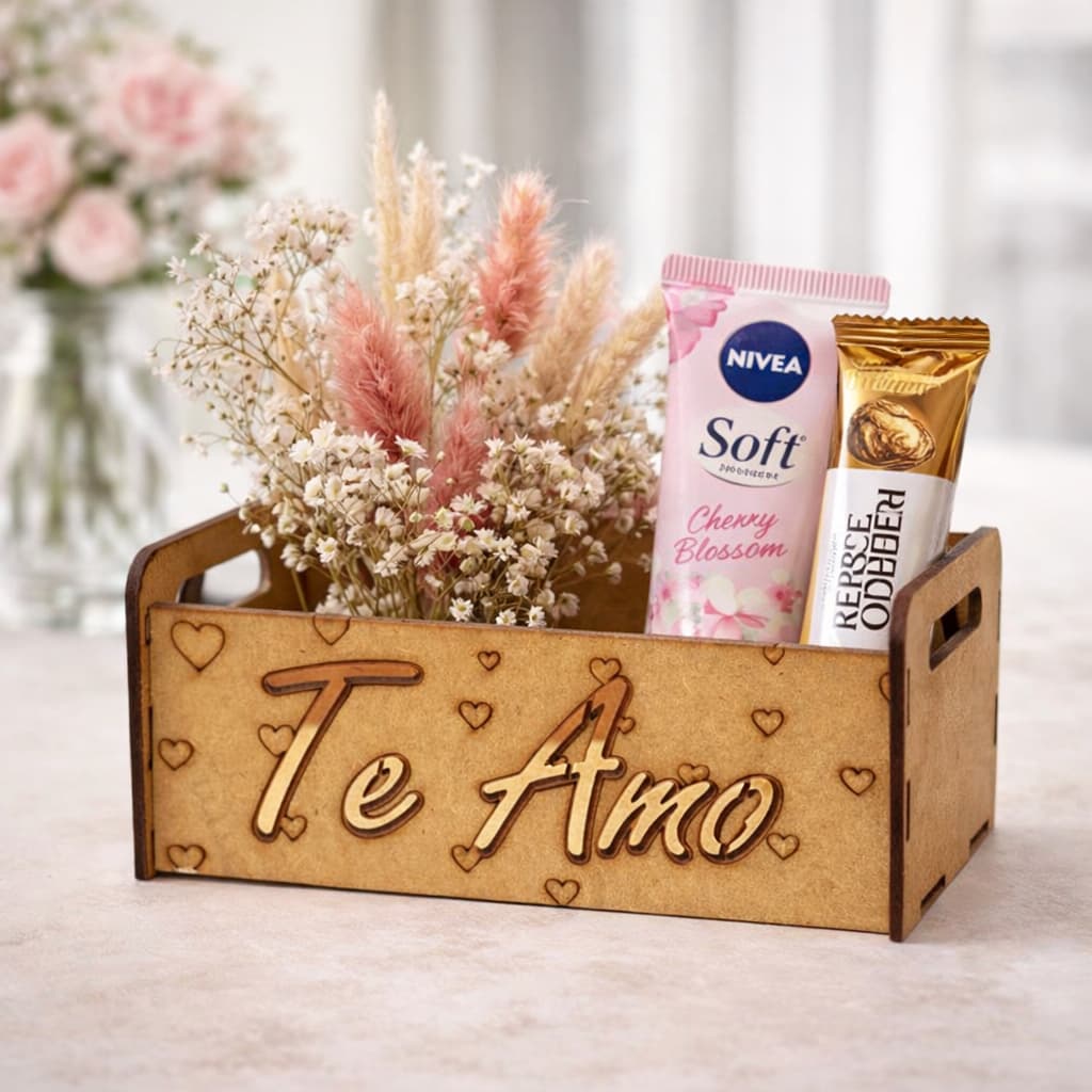 Caixote Te Amo com Corações em MDF 15x10x6 Feminino Masculino Bolsas Sacolas Organizador Multiuso