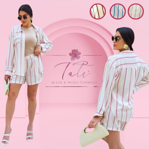 Conjunto Feminino Listrado Camisa e Short Cintura Alta Viscose Elegante Verão e Camisa Manga Longa