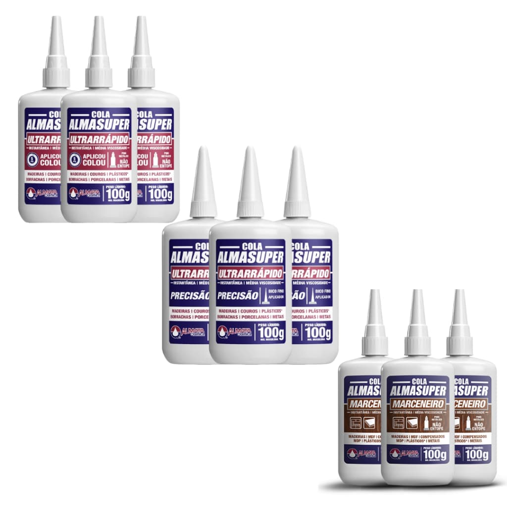 Kit 3 UND Cola Instantânea - Bico Fino | Bico Anti-entupimento | Marceneiro 100G - Alma Super