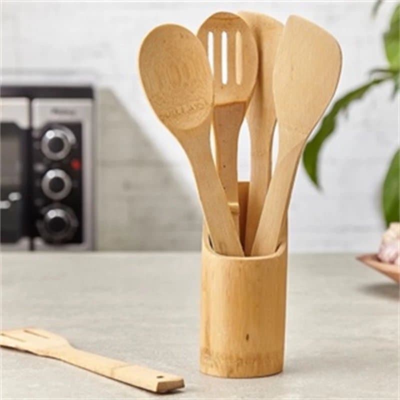 Kit de Utensílios de Cozinha em Bambu Natural com Suporte, 5 Peças, Espátulas e Colheres