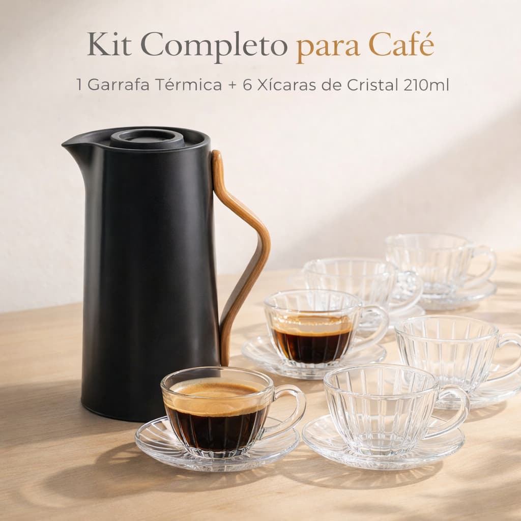 Kit Garrafa Térmica 1L + 6 Xícaras Cristal Siena com Pires Jogo Completo