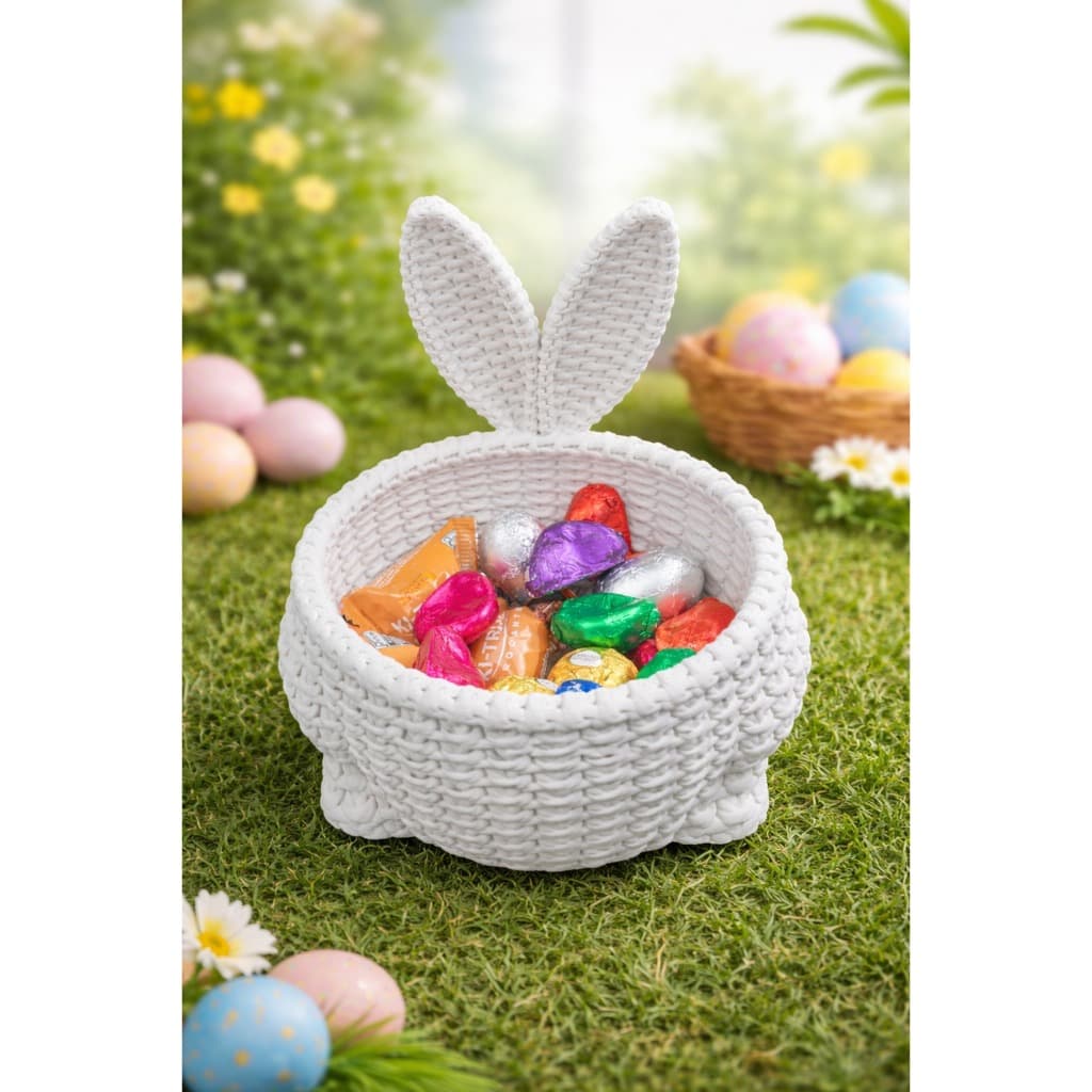 Cesta de Páscoa Coelho em Crochê Branco – Porta Doces Decorativo Infantil para Presentes