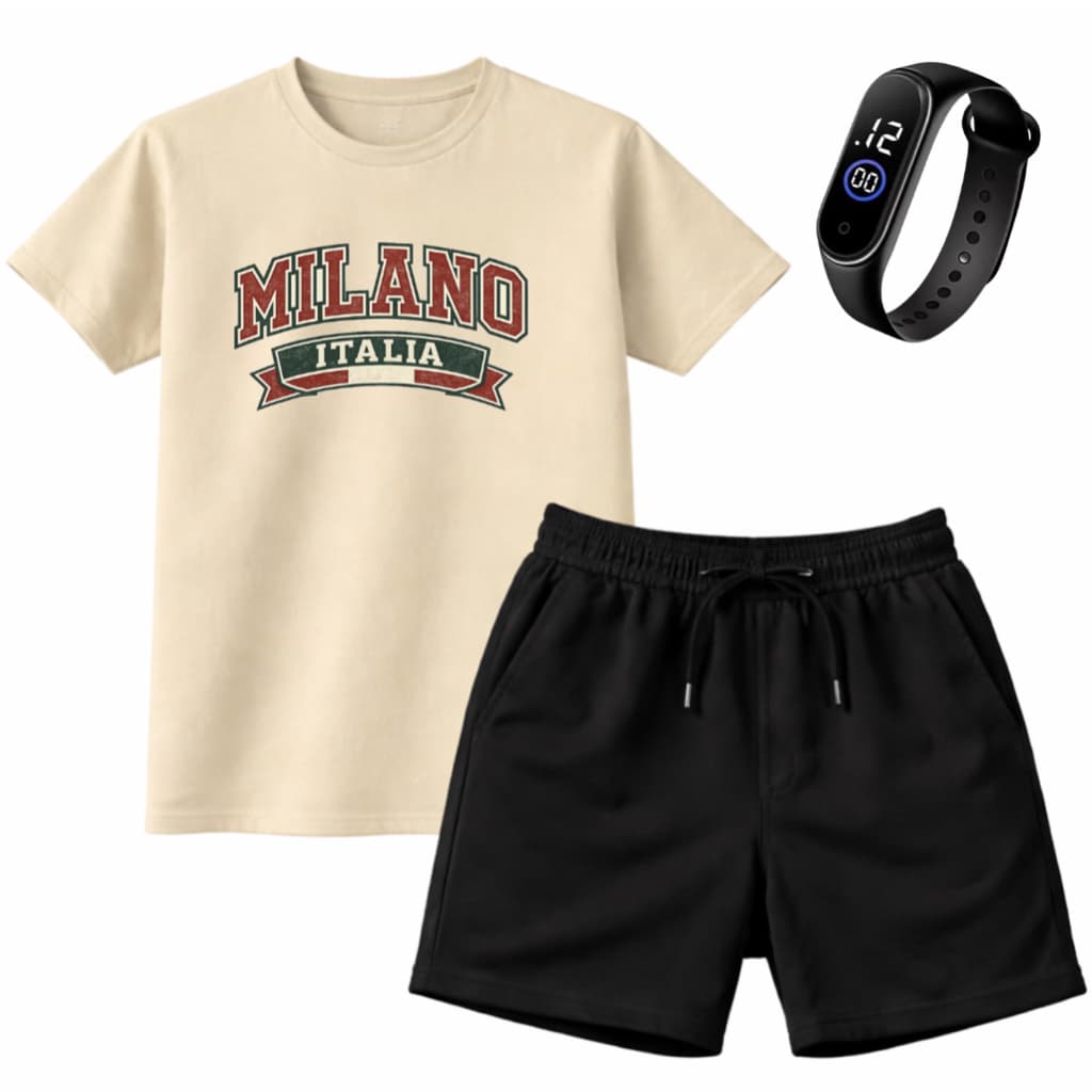 Kit Infantil Milano Italia Mais Relógio Camiseta e Short Italy Estilo Street