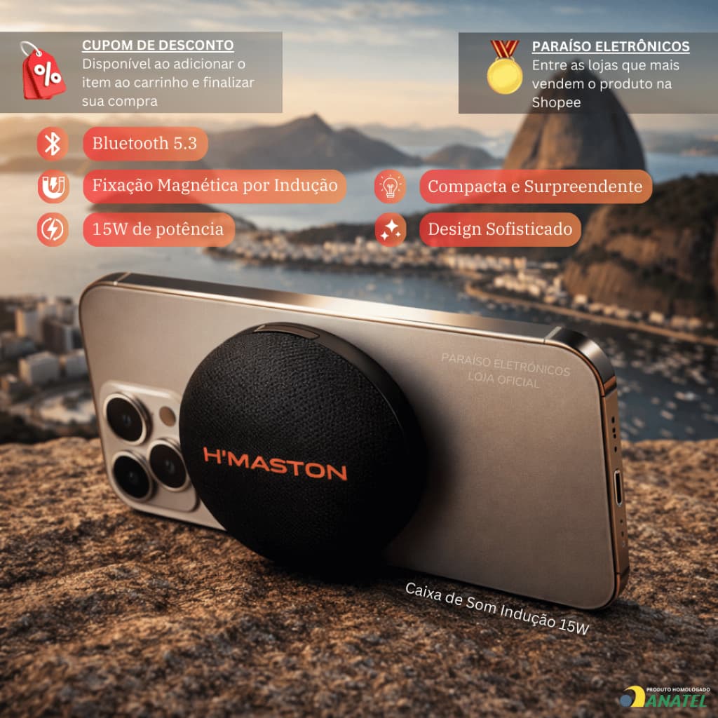 Caixa de Som Bluetooth 15W INDUÇÃO SEM FIO PORTÁTIL BASE MAGNÉTICA SOM POTENTE HMASTON