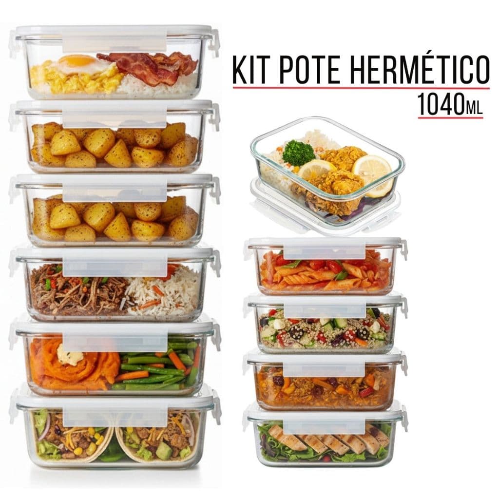 3, 5 ou 10 Pote Hermético 1040ml Vidro Temperado Tampa com 4 Travas Ideal Para Marmita Fit