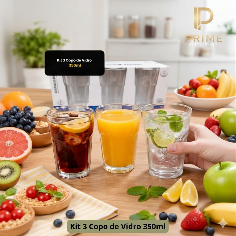 Copos de Vidro 350ml Casa Blanca Resistente Versátil Para Água Suco e Refrigerante jogo 3 un.