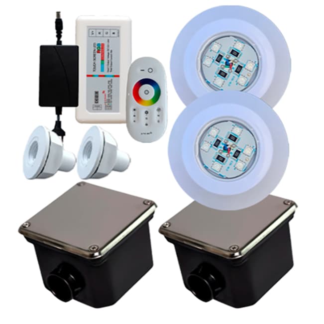 Kit Iluminação Refletor 2 Led 9w Rgb Piscinas Controlador Touch + Fonte E Caixa de Passagem