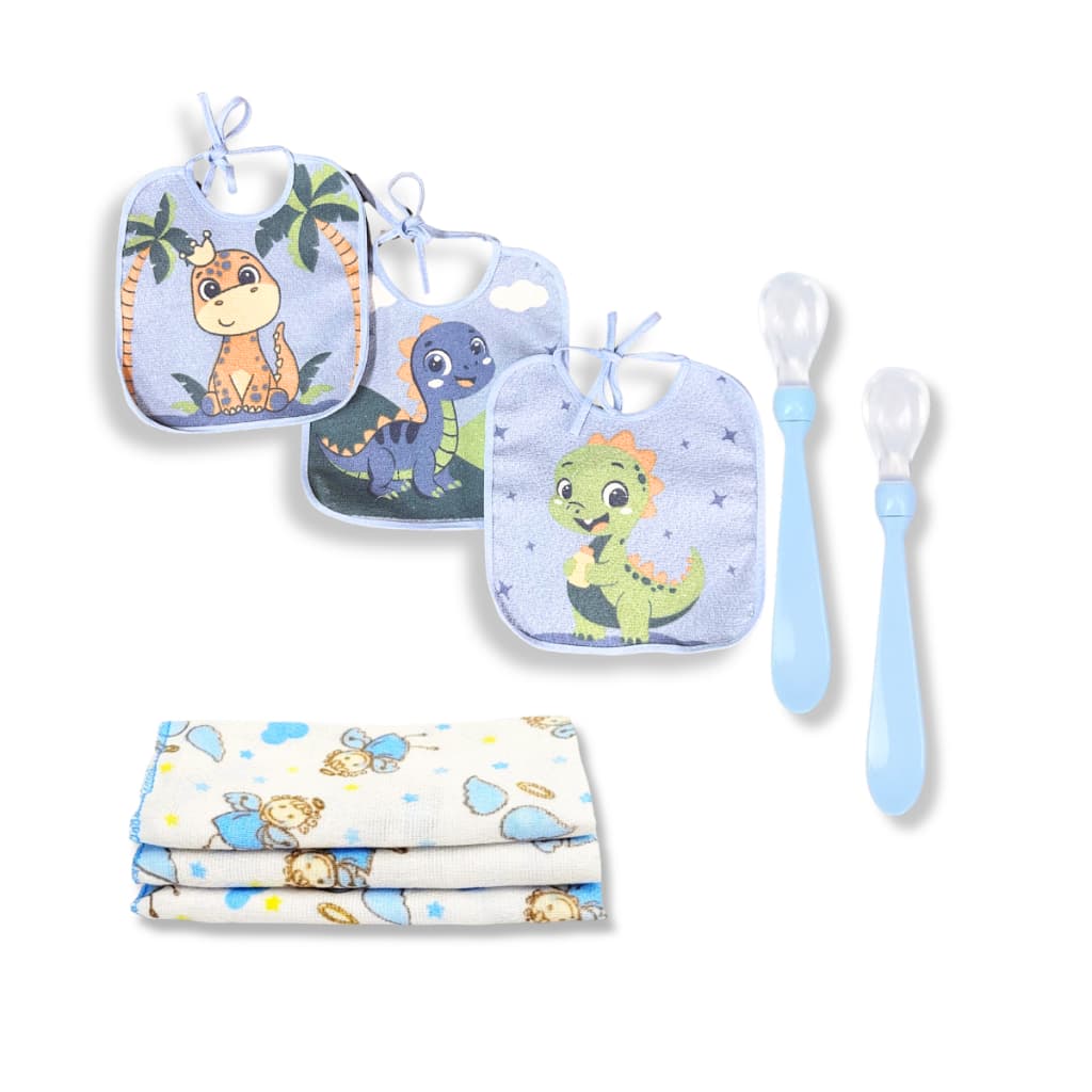 Kit Babador bebê Colher de silicone para bebê Pano de Boca Babete 100% algodão kit 8pçs