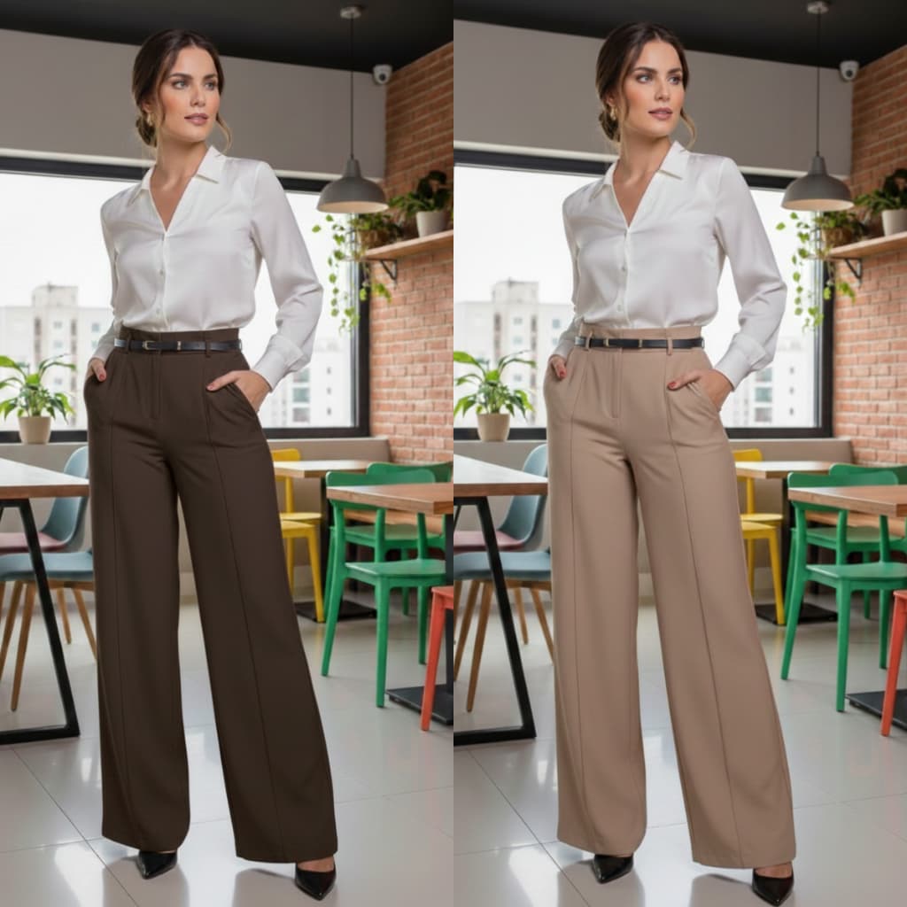 Kit 2 Calças Alfaiataria Pantalona  Feminina Cintura Alta Com Cinto e Ziper Elegante Social