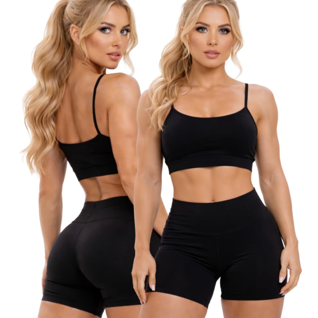 Conjunto de Academia Feminino Fitness Short Fitness e Top Alça Fina Bojo Removível Suplex Treino
