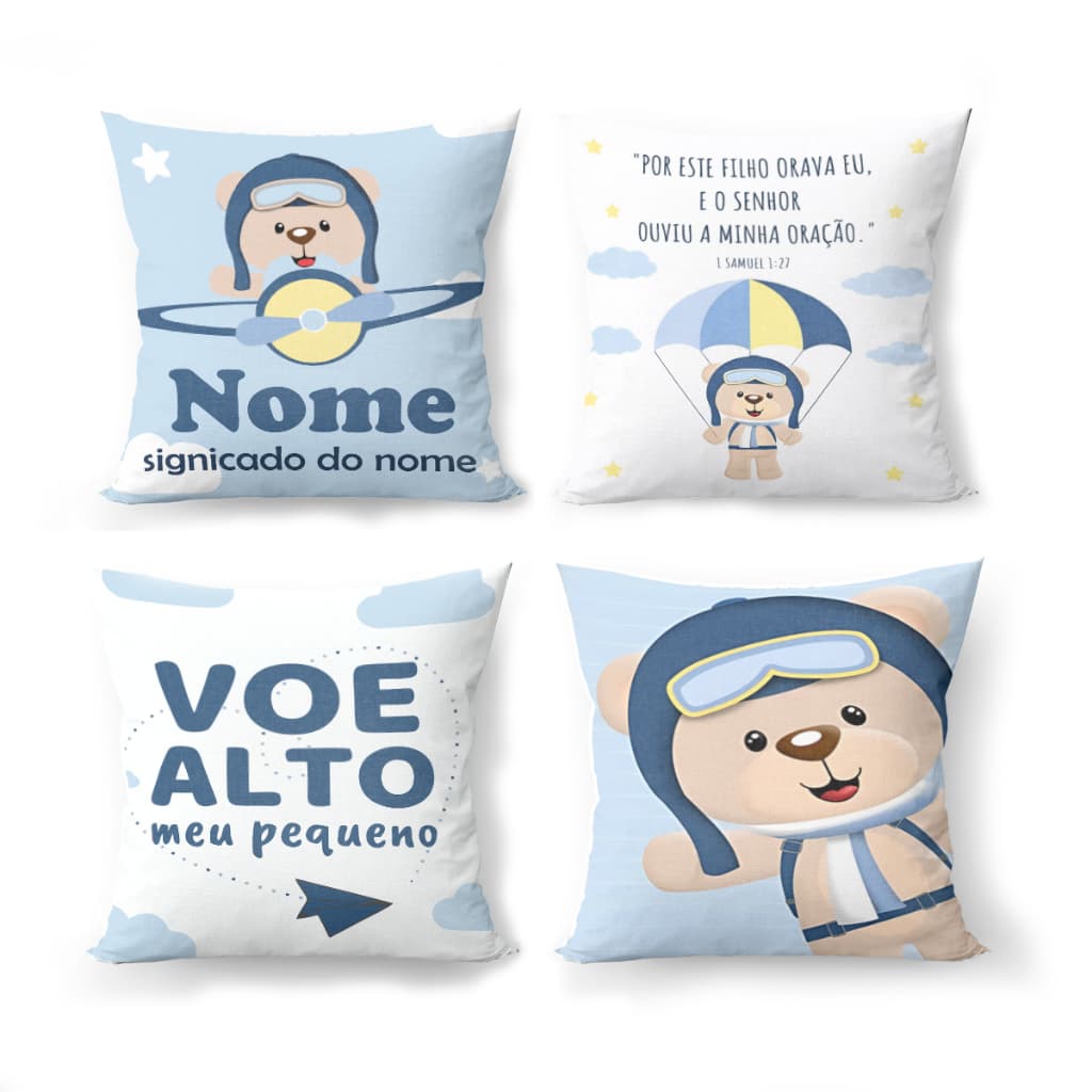Kit com 4 Capas de Almofadas Decorativas Carros Aviador Quarto Infantil