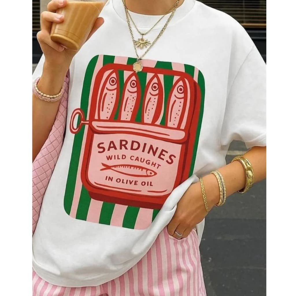 Blusa Básica Feminina Lata Sardinha T-Shirt Gola Redonda 100% Algodão Tendência