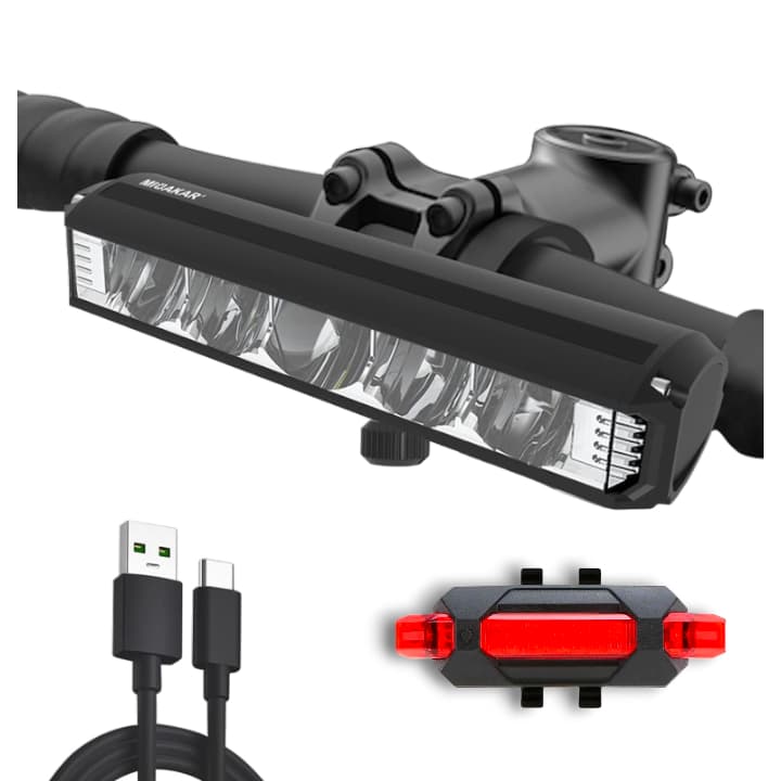 Farol Bike 5 Leds 20.000 Lumens 10.000mah Com 2 Suportes + Sinalizador Traseiro Segurança Pro Bike