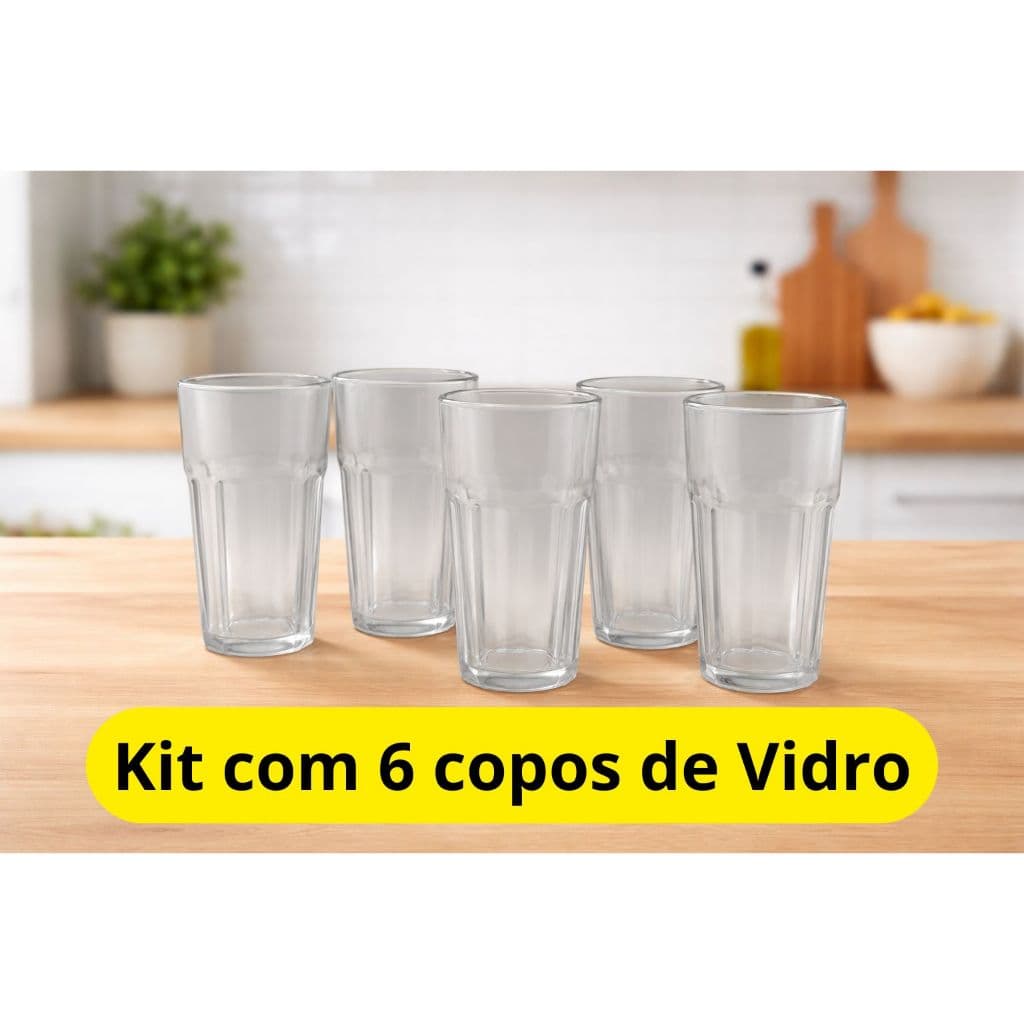 Kit 6 Copos de Vidro Trevi 350ml Jogo de Copos Água Suco Drinks Refrigerante Formato Anatômico