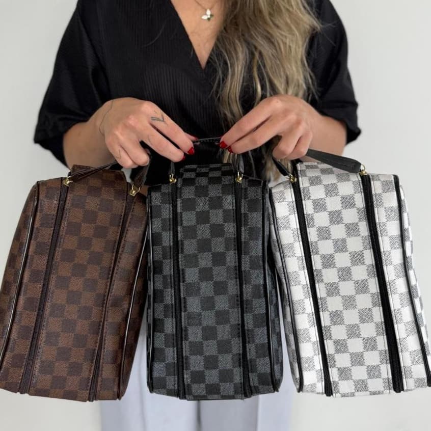 Necessaire Feminina Organizadora Xadrez Grande Bolso Interno Forro Ny Alça de Mão