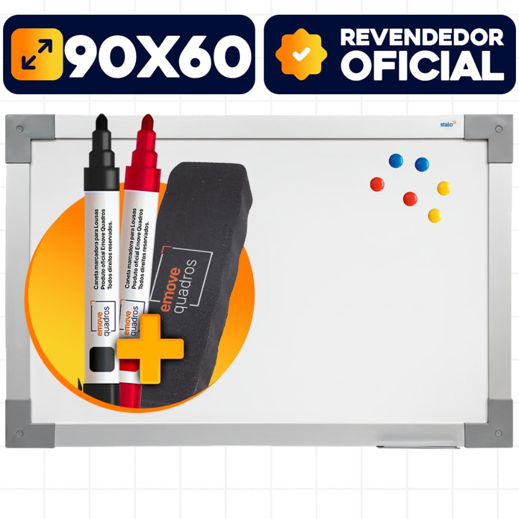 Lousa Quadro Branco Magnético 90x60 Soft Alumínio + 2 Pinceis Marcadores + 1 Apagador Stalo