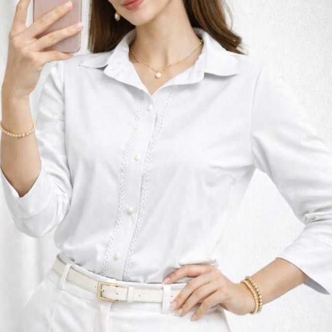 Camisa Social Feminina em Crepinho Liso Manga 3/4 | Renda Frontal | Acabamento Impecável | Elegante