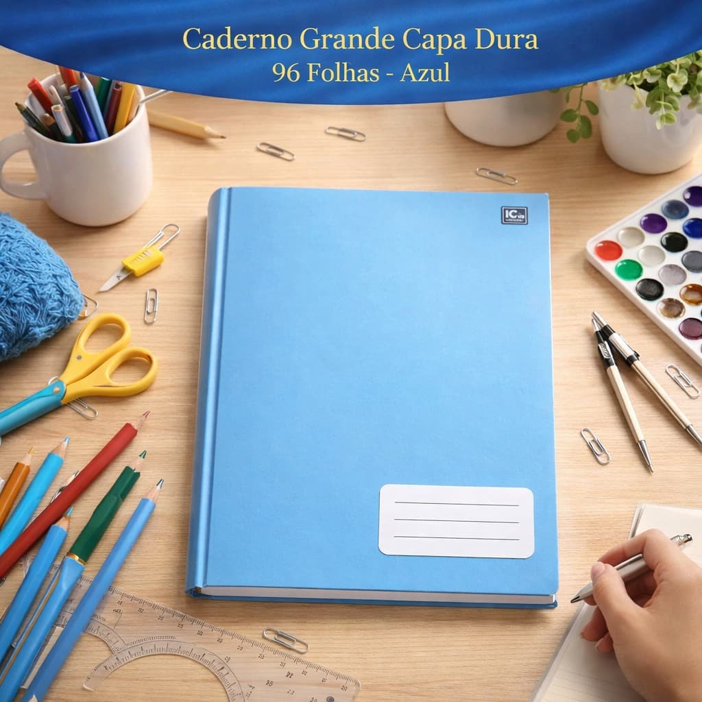 Caderno Grande Capa Dura Azul 96 Folhas Pautadas Costurado Escola Estudo Resistente Papel Organizado
