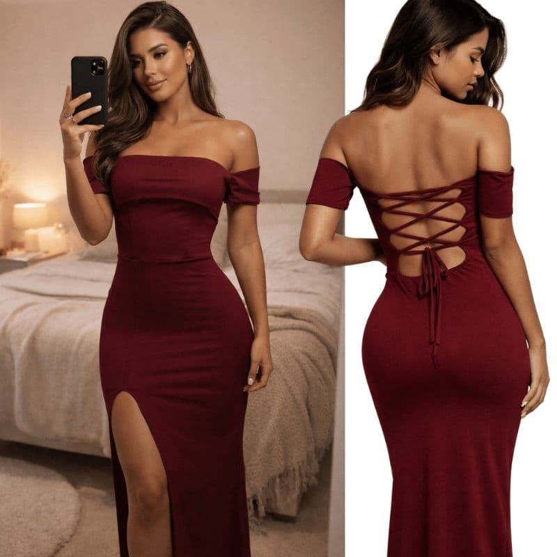 Vestido Longo Dama Casual Manguinhas Possui Fenda na Frente Costas Trençadas Ajustavel Festa Encontro Eventos