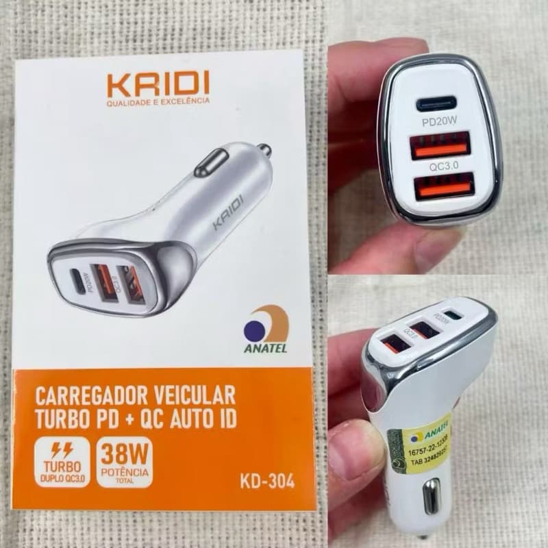 Carregador Veicular Turbo Fonte com 3 Saídas 2 USB e 1 Tipo C Kaidi KD-304