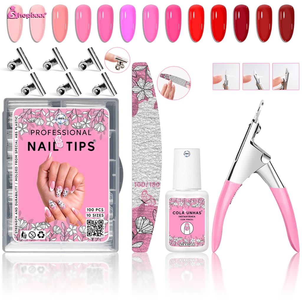 Kit Alongamento Manicure Com 100 Unha Tips + Alicate Cortador De Tips + Cola Pincel De Unhas + 1 Lixa